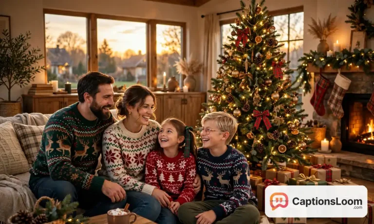 christmas captions for instagram, happy family in festive sweaters gathered around a decorated Christmas tree with warm fairy lights