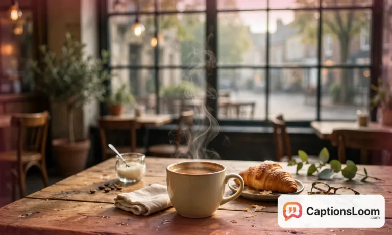 A warm mug of coffee on a cafe table in soft morning light, coffee captions for Instagram inspiration