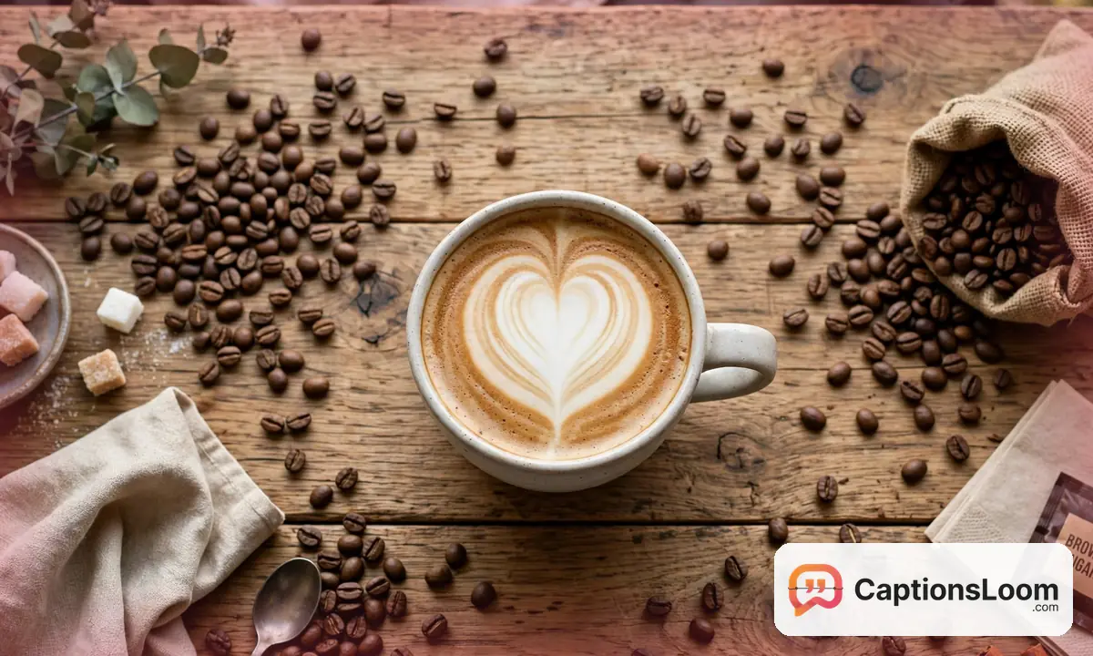 A latte with heart shaped latte art in a ceramic cup, seen from above, latte art captions for Instagram
