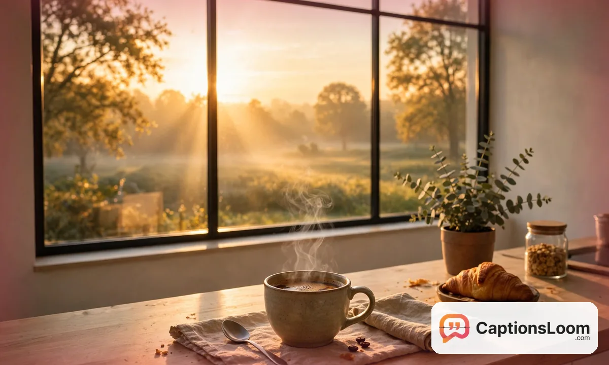 First cup of morning coffee beside a bright kitchen window at sunrise, morning coffee captions for Instagram