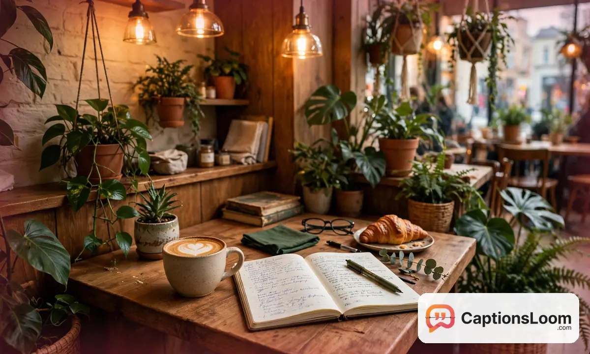A cozy coffee shop corner table with a latte and a notebook, coffee shop captions for Instagram