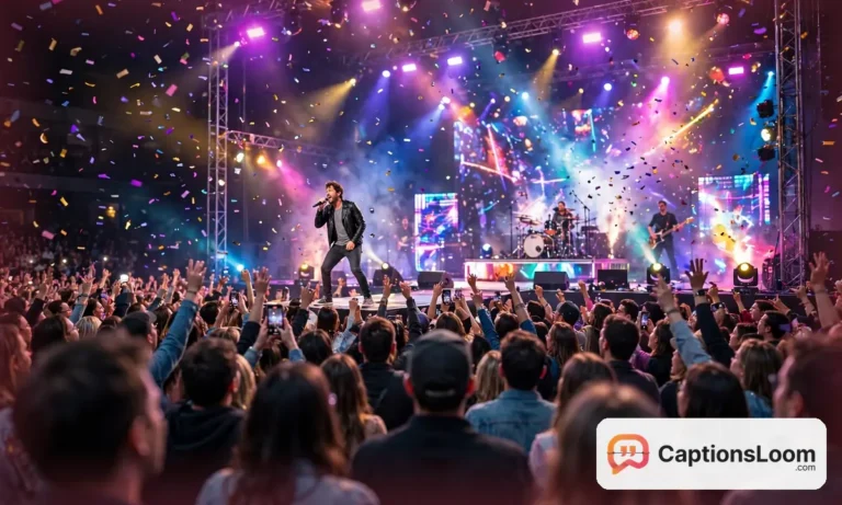 A singer performing on a bright stage in front of a cheering crowd, concert captions for Instagram inspiration