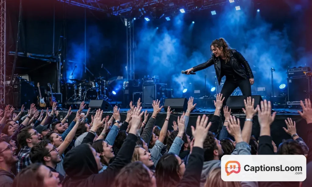 A crowd singing along with hands in the air as the singer points the microphone at them, singing along concert captions for Instagram