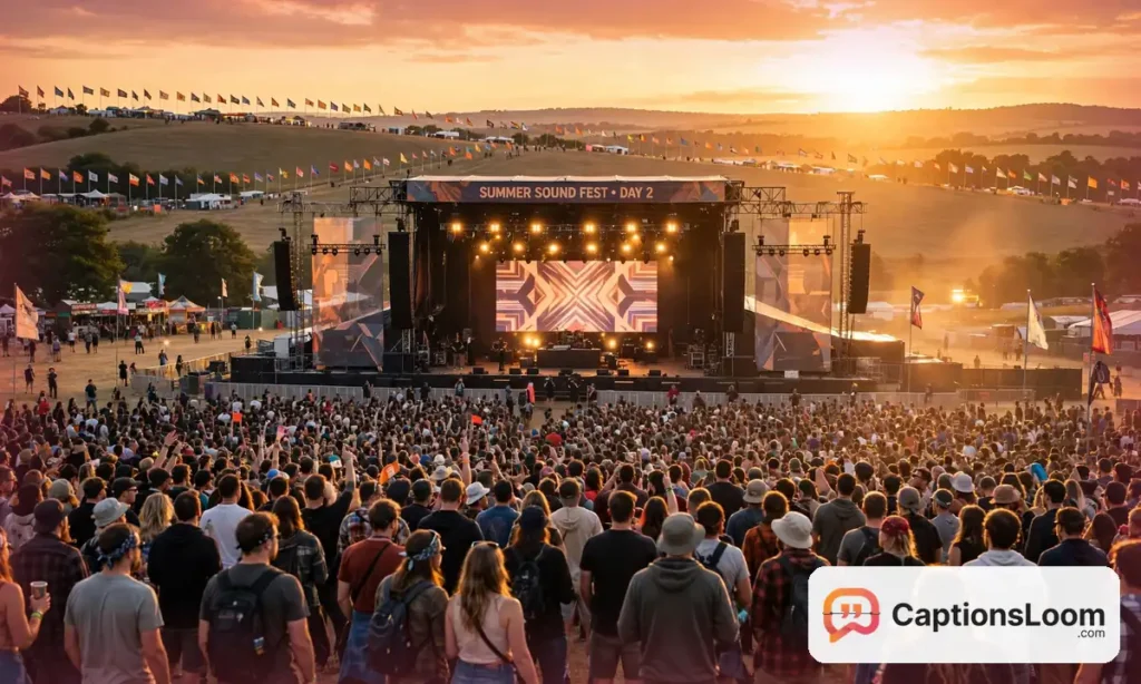 A festival crowd at sunset with multiple stages and flags in the distance, festival concert captions for Instagram