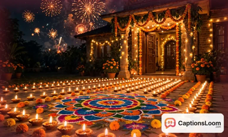 Glowing clay diyas, a colourful rangoli and fireworks lighting up a decorated home entrance at Diwali night, diwali captions for instagram inspiration