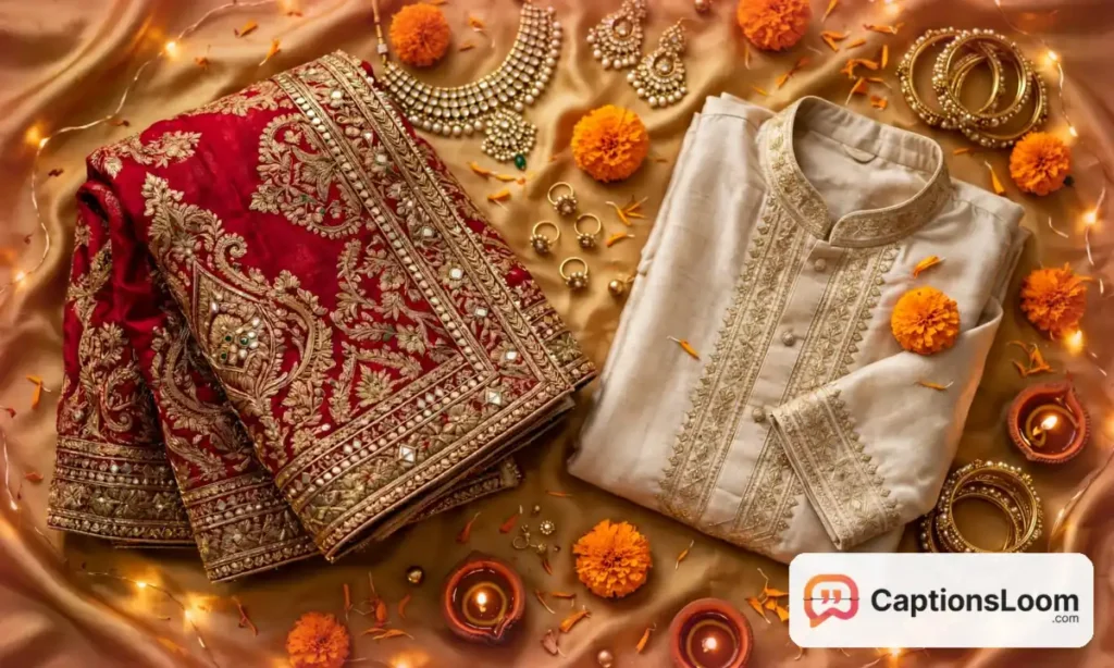 Festive traditional Indian outfits with gold jewellery, marigold flowers and diyas arranged on silk fabric, diwali captions for instagram outfit ideas