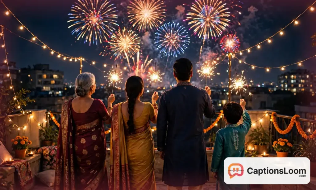 Family holding sparklers on a terrace under colourful Diwali fireworks and fairy lights, diwali captions for instagram fireworks ideas