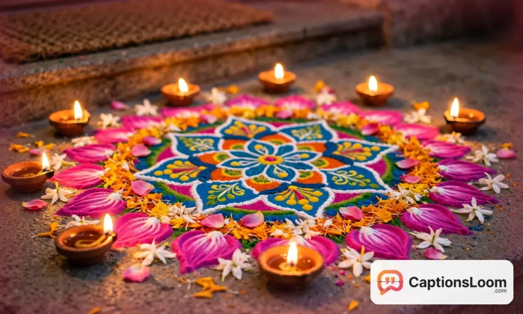 Colourful rangoli design with flower petals and lit clay diyas at a home entrance, diwali captions for instagram rangoli ideas
