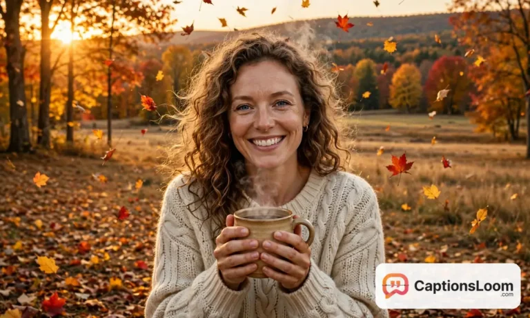fall captions for instagram, woman in a cozy sweater holding a warm drink surrounded by autumn leaves