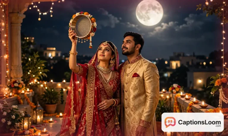 Newly married couple in festive traditional wear watching the Karwa Chauth moonrise on a decorated terrace, first karwa chauth captions for instagram inspiration