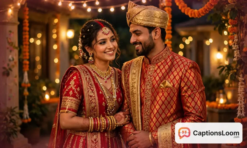 Newly married couple in red and gold festive traditional wear posing under fairy lights, first karwa chauth captions for instagram outfit ideas