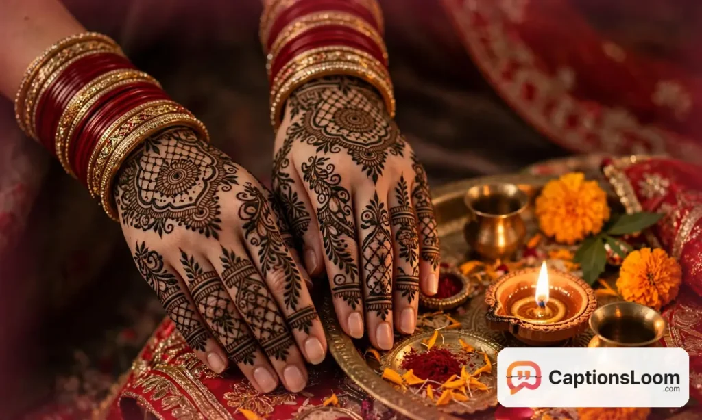 New bride's hands covered in dark intricate mehndi with bangles and a karwa thali nearby, first karwa chauth captions for instagram mehndi ideas
