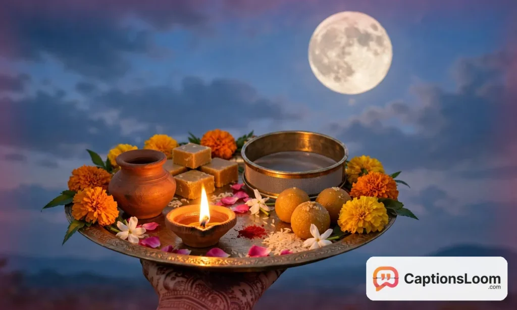 Decorated karwa thali with diya and sieve held up against the rising full moon, first karwa chauth captions for instagram moonrise ideas