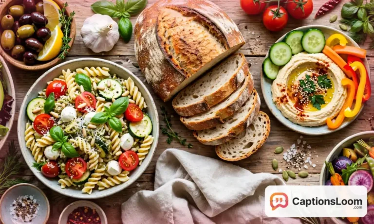 A table full of colorful dishes photographed from above, food captions for Instagram inspiration