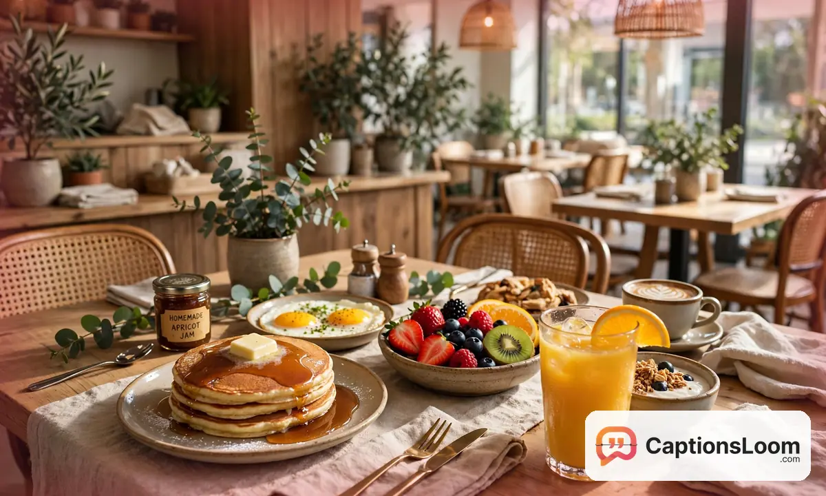 A weekend brunch table with pancakes, eggs and fresh fruit, brunch food captions for Instagram