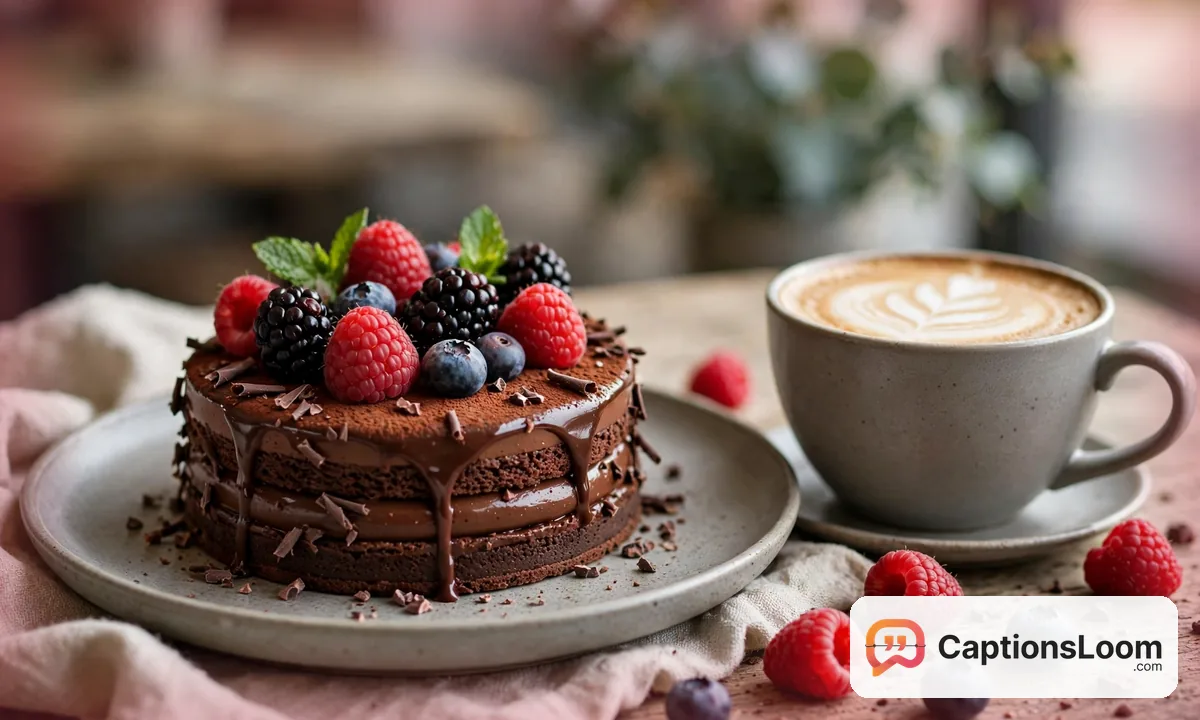 A chocolate dessert with berries on a cafe plate, dessert food captions for Instagram
