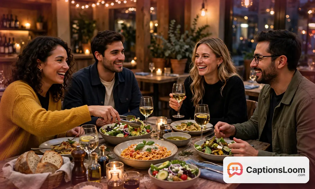 A cozy dinner table with pasta and salads shared between friends, dinner food captions for Instagram