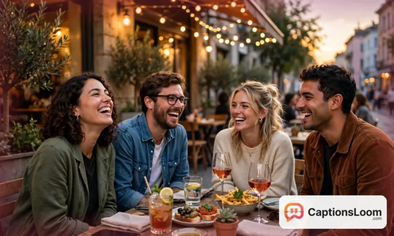 Friends laughing together at a cafe table on a Friday evening under string lights, friday captions for Instagram inspiration