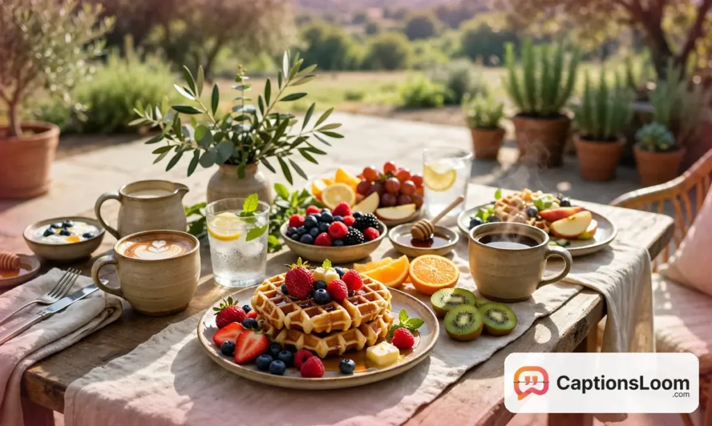 A weekend brunch table with pancakes, eggs, fresh fruit and coffee in bright morning light, weekend brunch captions for Instagram