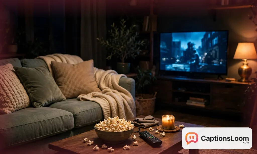 A cozy Friday movie night at home with a couch, blanket, popcorn and warm lamp light, Friday night captions for Instagram