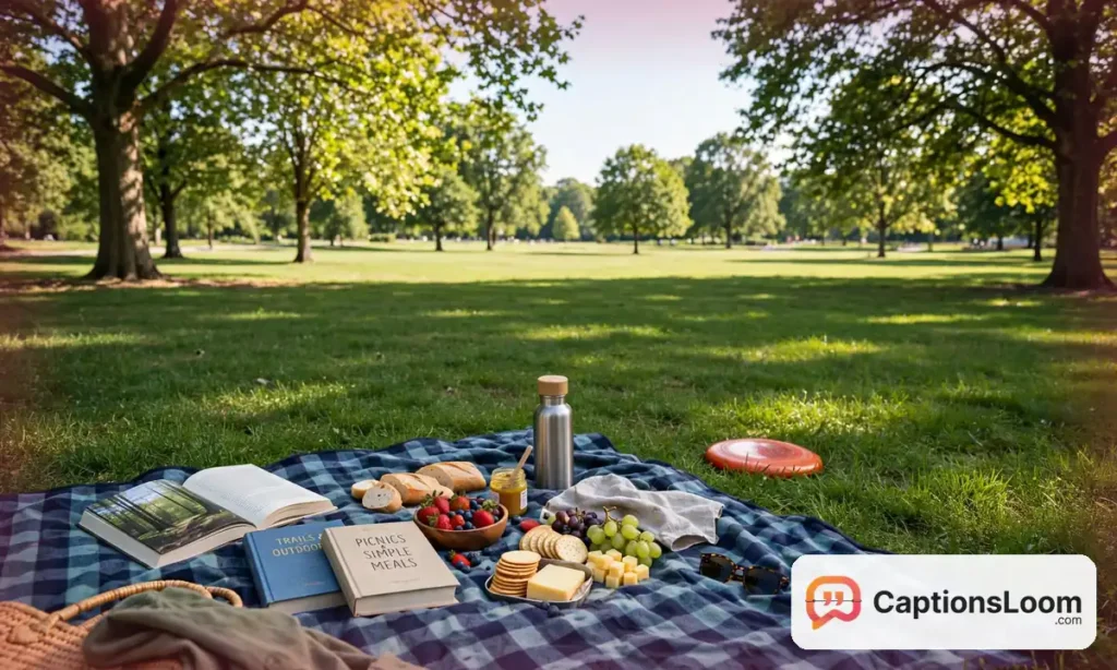 A Saturday picnic blanket in a sunny park with books, snacks and a frisbee nearby, weekend captions for Instagram