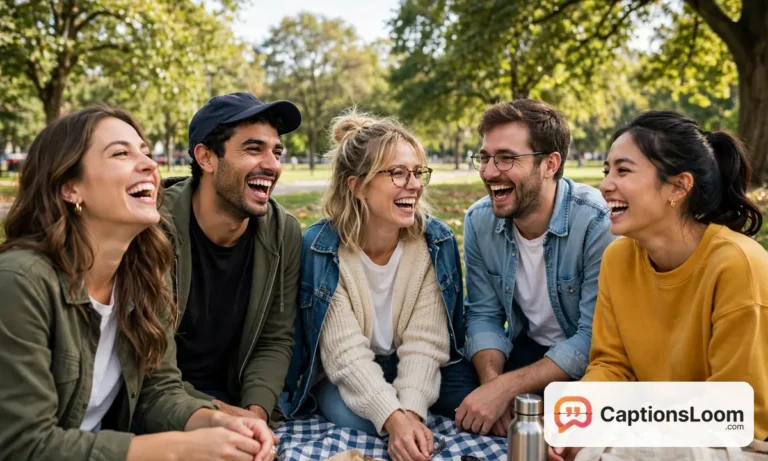 funny captions for instagram, group of friends laughing together at a funny moment outdoors