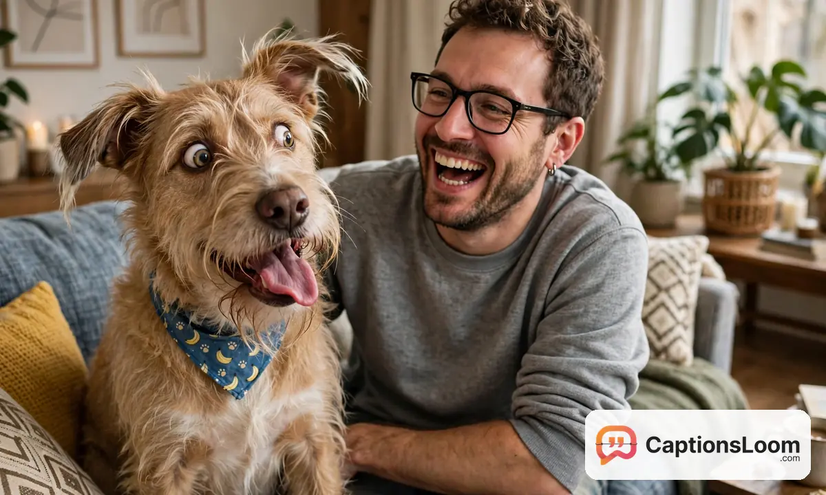 funny captions for instagram dog, funny dog with a silly expression sitting next to its laughing owner