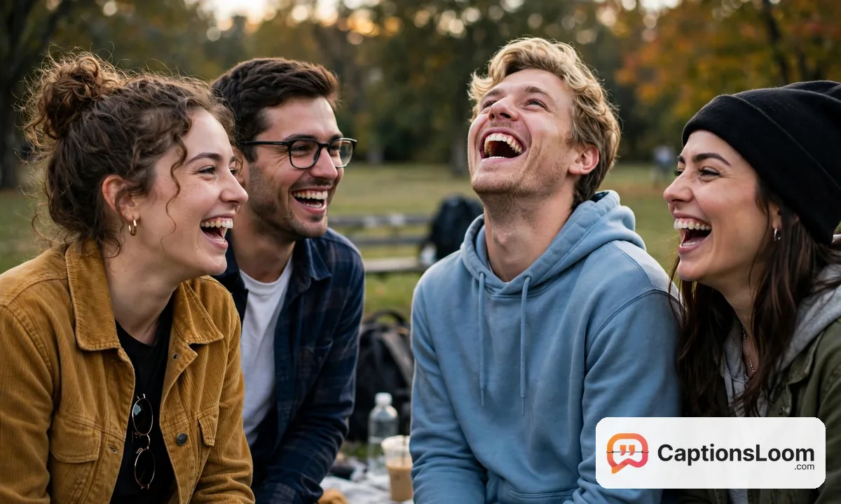 funny captions for instagram friends, friends cracking up laughing during a group photo