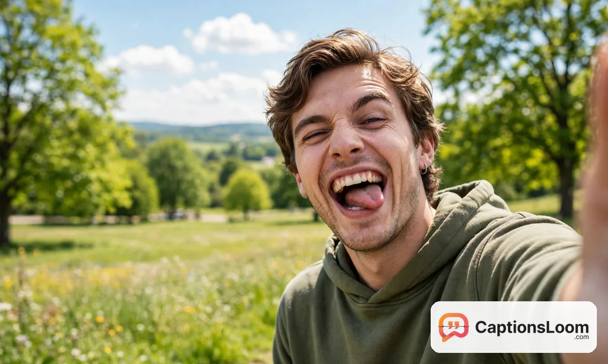 funny captions for instagram selfie, person making a funny face for a selfie and laughing