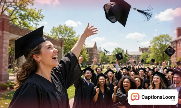Happy graduate in cap and gown throwing a mortarboard into the air at a graduation ceremony, graduation captions inspiration