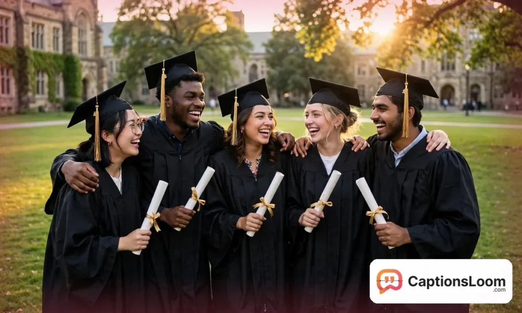 Group of graduate friends in caps and gowns laughing together on campus, graduation captions for group photos