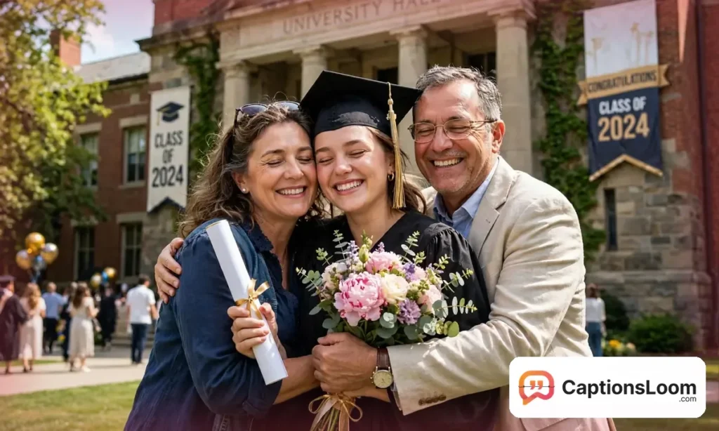Proud parents hugging their graduate in cap and gown after the ceremony, graduation captions for parents