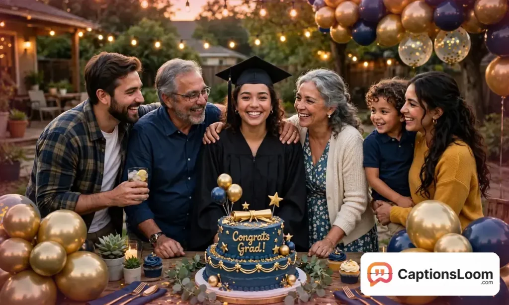 Family and friends celebrating at a graduation party with balloons and cake, graduation captions for party photos
