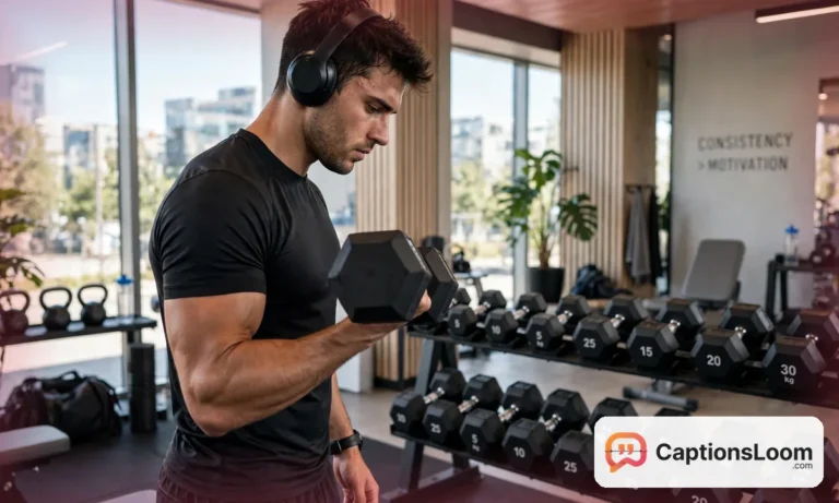 A focused lifter training with dumbbells in a bright modern gym, gym captions for Instagram inspiration