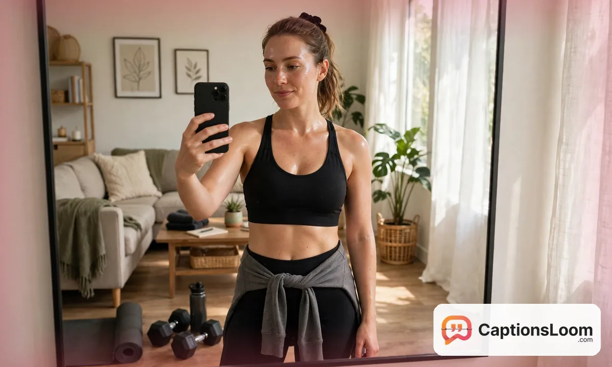 A post-workout selfie in gym gear by the living room mirror, gym selfie captions for Instagram