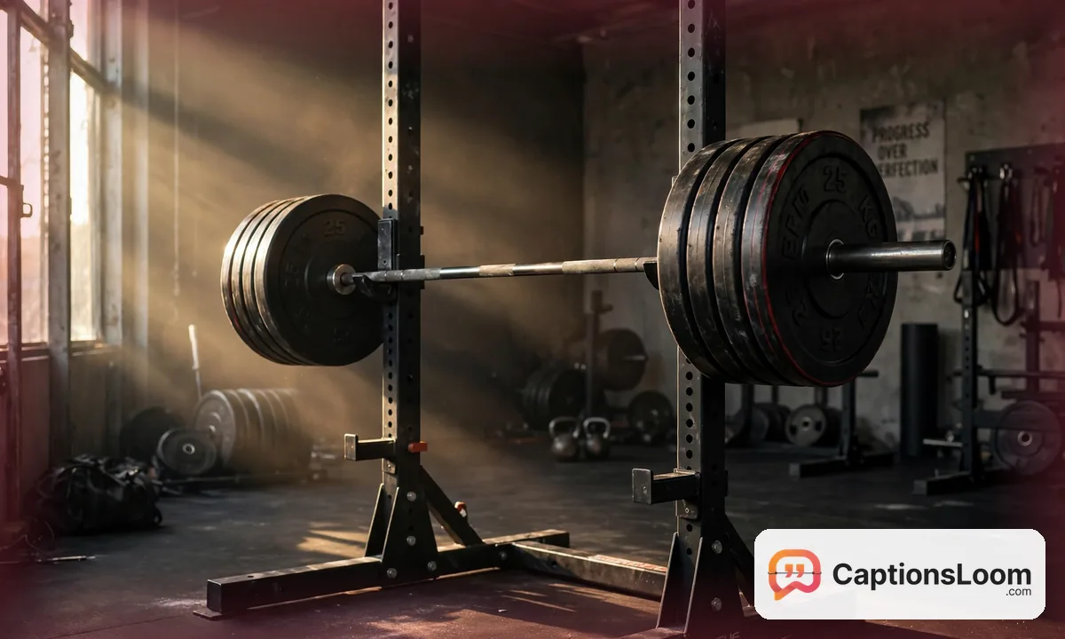 A barbell loaded with plates ready for a heavy lift, gym captions for Instagram for lifters