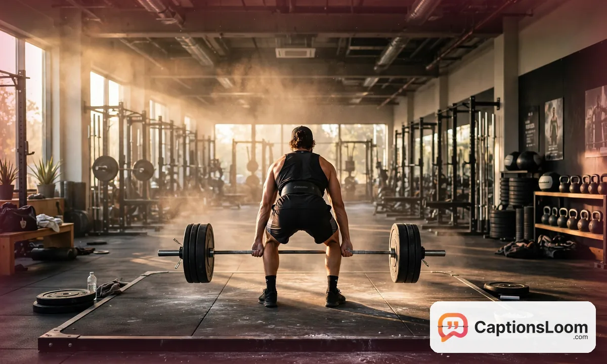 A lifter mid-workout with a barbell on the gym floor, training gym captions for Instagram