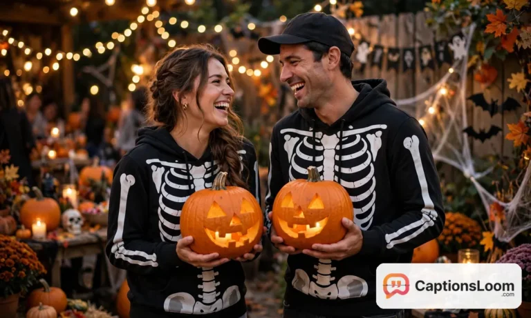 halloween captions for couples, happy couple in matching halloween costumes holding carved pumpkins and laughing at a costume party