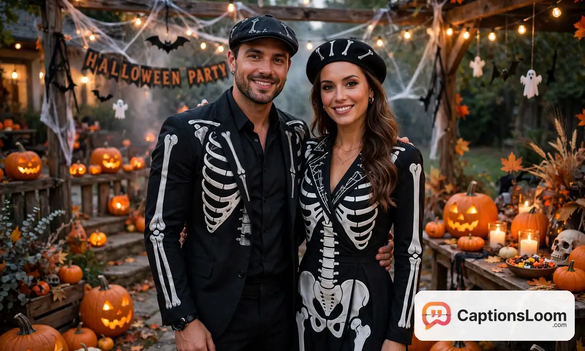 halloween captions for couples in matching costumes, couple showing off coordinated halloween outfits at a party