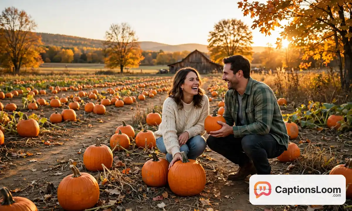 halloween captions for couples on a pumpkin patch date, couple picking pumpkins together at golden hour in fall