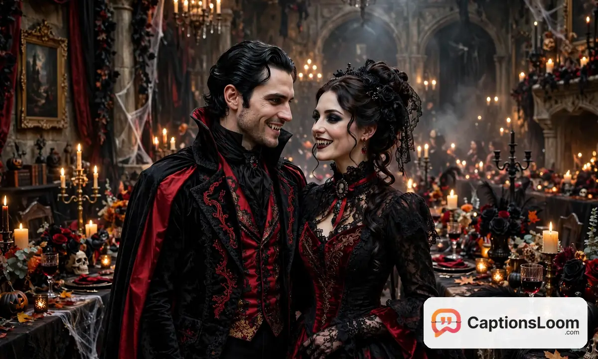 halloween captions for couples dressed as vampires, elegant vampire couple showing fangs at a halloween party