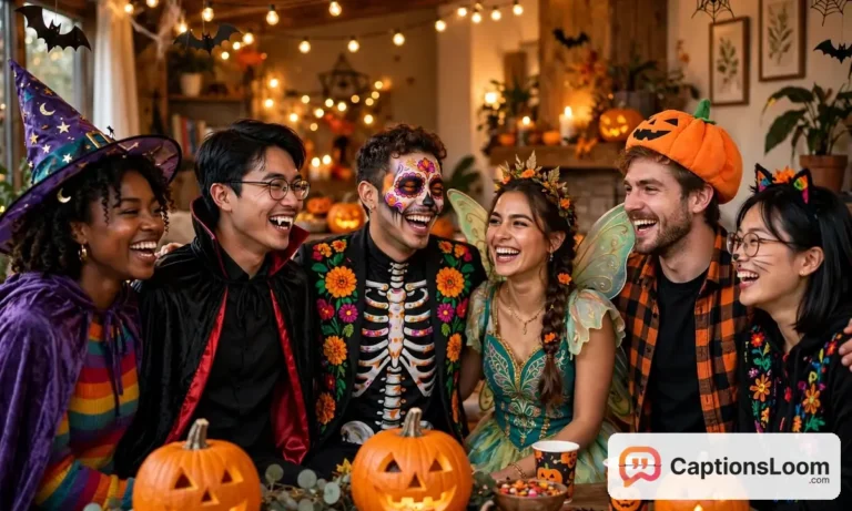 halloween captions for instagram, group of friends in funny halloween costumes laughing at a halloween party with pumpkins and string lights