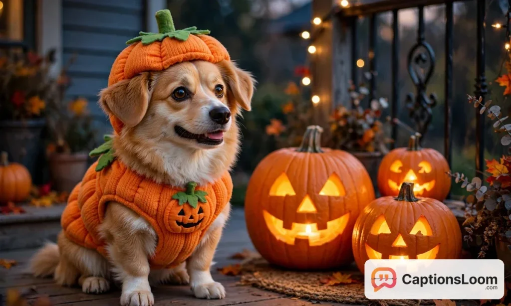 dog wearing a pumpkin halloween costume sitting next to glowing jack-o-lanterns on a porch