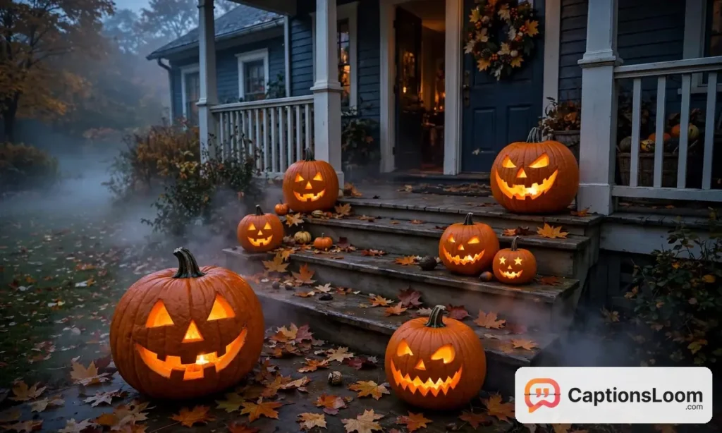 glowing carved jack-o-lantern pumpkins on porch steps at dusk on halloween night