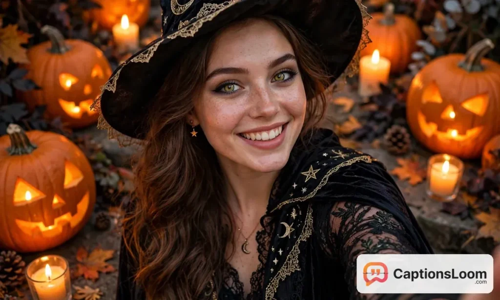 woman in a witch halloween costume taking a selfie with carved pumpkins and candles
