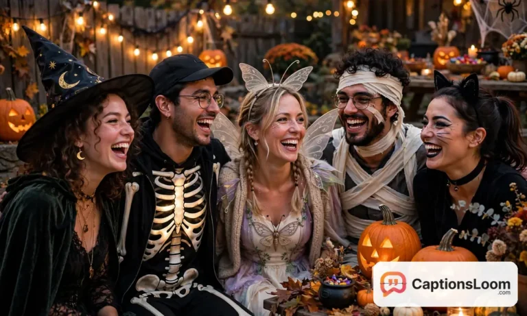 friends laughing in halloween costumes at a costume party with pumpkins, halloween costume captions inspiration