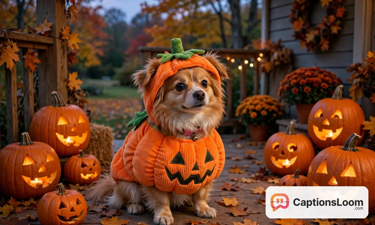 dog wearing a pumpkin halloween costume sitting next to carved pumpkins, pet halloween costume captions