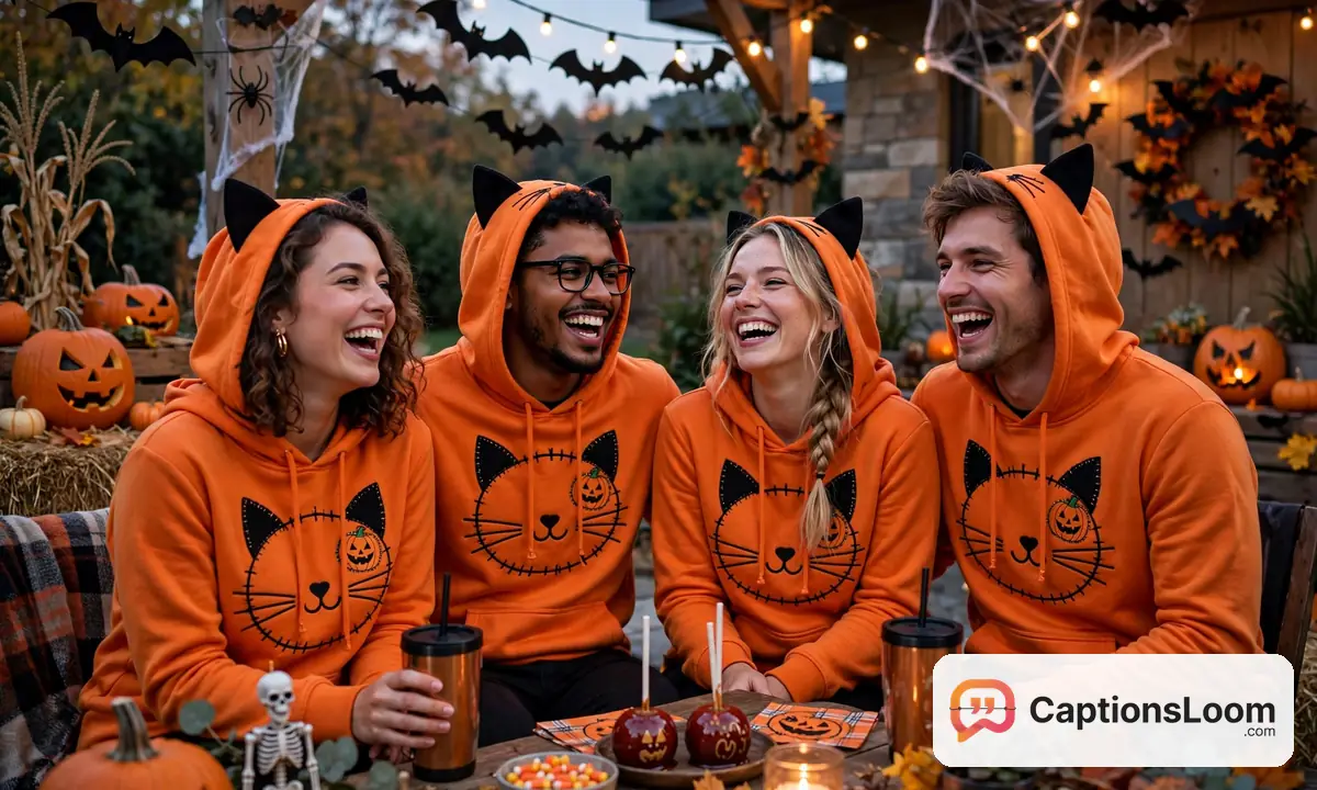 group of friends in matching group halloween costumes laughing together at a party