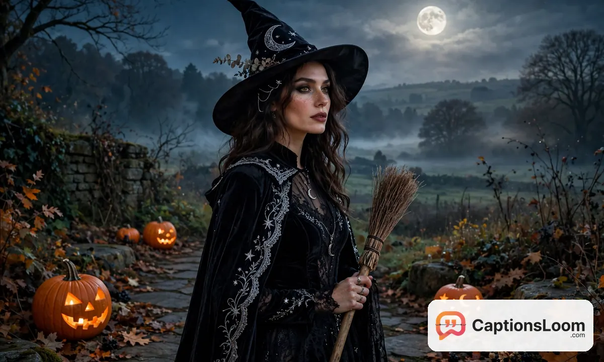 woman in a witch costume with a pointed hat holding a broom at night, halloween costume captions for a witch costume