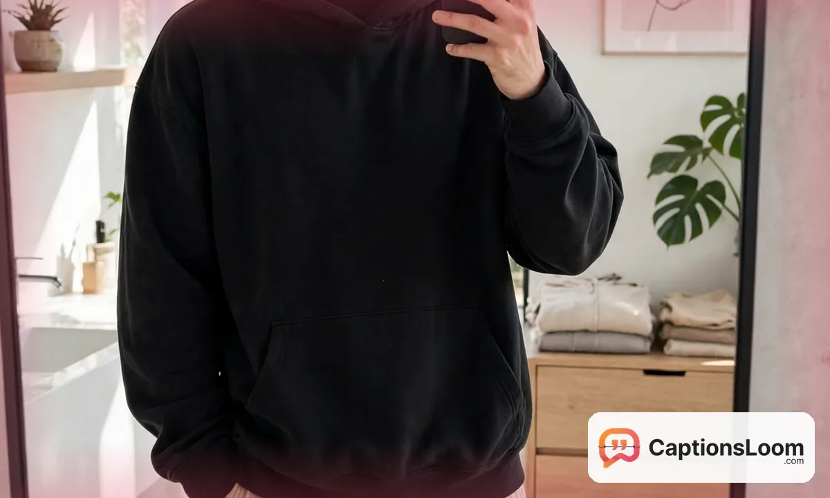 Young man taking a mirror selfie showing his black hoodie outfit